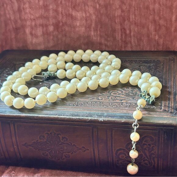 Vintage Double Strand Hand Tied Faux Pearl Necklace with Rhinestone Clasp - Picture 5 of 6